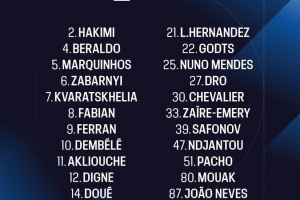 巴黎客战曼城大名单：登贝莱、K77领衔，费兰、杜埃、帕乔在列